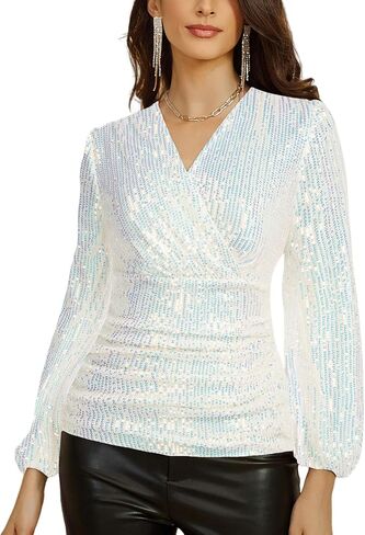 GRACE KARIN Sequin Tops for Women Long Sleeve Sparkly Dressy Tops Ruched Wrap Blouse Party Club Shirt in Saudi Arabia