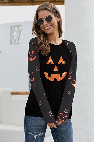 Halloween Pumpkin Face Sweatshirts Women Fall Pumpkin Long Sleeve Shirts Blouse Pumpkin Graphic Printed Crewneck Pullover Top in Saudi Arabia