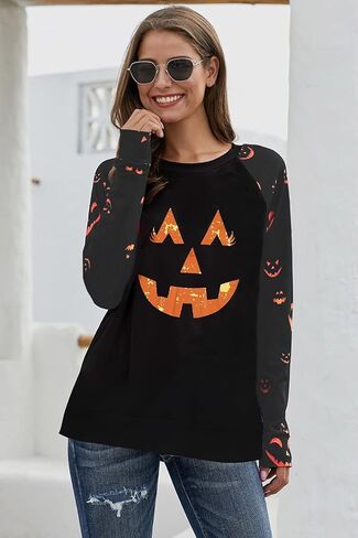 Halloween Pumpkin Face Sweatshirts Women Fall Pumpkin Long Sleeve Shirts Blouse Pumpkin Graphic Printed Crewneck Pullover Top in Saudi Arabia