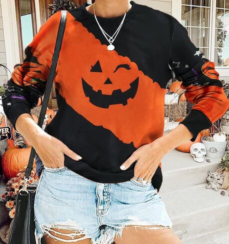 Halloween Pumpkin Face Sweatshirts Women Fall Pumpkin Long Sleeve Shirts Blouse Pumpkin Graphic Printed Crewneck Pullover Top in Saudi Arabia