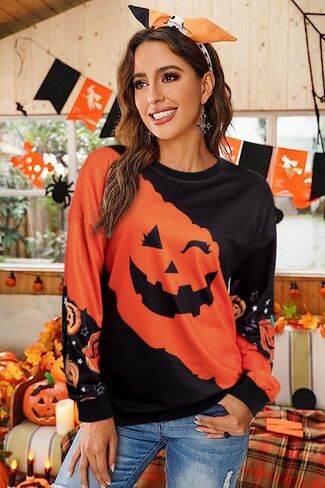 Halloween Pumpkin Face Sweatshirts Women Fall Pumpkin Long Sleeve Shirts Blouse Pumpkin Graphic Printed Crewneck Pullover Top in Saudi Arabia