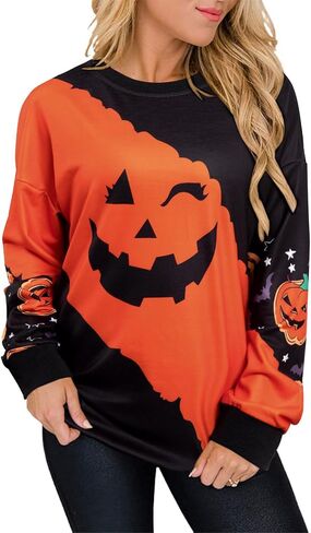 Halloween Pumpkin Face Sweatshirts Women Fall Pumpkin Long Sleeve Shirts Blouse Pumpkin Graphic Printed Crewneck Pullover Top in Saudi Arabia