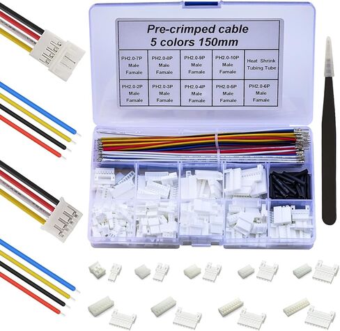 Keszoox SM 2.54 مم طقم موصل JST للذكور والإناث مع سلك كابلات مجعدة مسبقًا 22AWG، (إجمالي 68 قطعة) 2/3/4/5/6 دبوس موصل كابل محول JST (5 ألوان 150 مم) in Kuwait