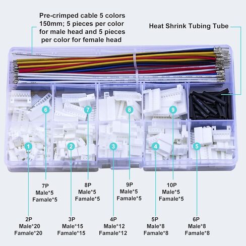 Keszoox SM 2.54 مم طقم موصل JST للذكور والإناث مع سلك كابلات مجعدة مسبقًا 22AWG، (إجمالي 68 قطعة) 2/3/4/5/6 دبوس موصل كابل محول JST (5 ألوان 150 مم) in Kuwait