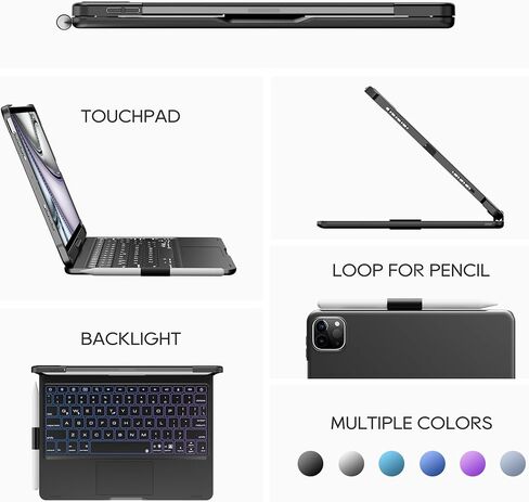 حافظة لوحة مفاتيح edaiser iPad Air الجيل الخامس 4th 10.9 بوصة وiPad Pro 11 4th 3rd 2nd Gen 2022 غطاء لوحة مفاتيح دوارة Smart Touch Folio مع لوحة تتبع بلوتوث حامل قلم رصاص بإضاءة خلفية، رمادي معدني in Kuwait