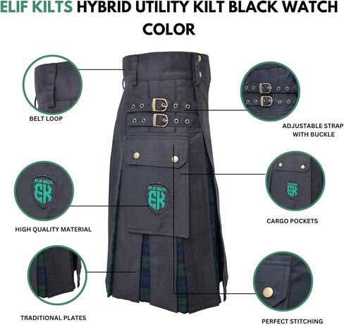 Modern Utility Kilts-Men's Plus Size Scottish Hybrid Black Cotton & Acrylic Wool Tartan Utility Kilts for Men in Saudi Arabia