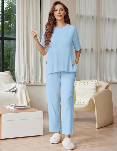 Ekouaer Lounge Sets for Women Short Sleeve Tops and Long Pants Soft Comfy Pajamas Set 2 Piece Outfits S-XXL in Saudi Arabia