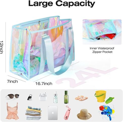 Large Beach Bag for Women Waterproof Sandproof Tip-Proof Beach Tote Iridescent Bag with Waterproof Pocket for Pool in Saudi Arabia