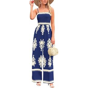 PRETTYGARDEN Women's Summer Boho Jumpsuits One Piece Beach Vacation Outfits Spaghetti Strap Wide Leg Pants Rompers