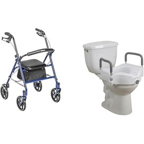 Drive Medical 10257BL-1 4 Wheel Rollator Walker with Seat, Steel Rolling Walker, Height Adjustable, 7.5" Wheels, Blue & RTL12027RA 2-in-1 Raised Toilet Seat with Removable Padded Arms, Standard Seat