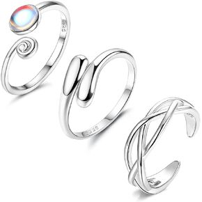 FIBO STEEL 3 PCS Toe Rings for Women 925 Sterling Silver Adjustable Toe Rings Open Cuff Toe Rings CZ Daisy Moonstone Ring Band Rings Beach Foot Jewelry Set