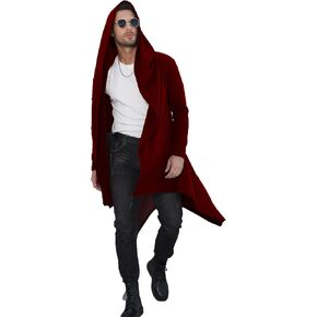 Mens Ruffle Shawl Collar Cardigans Long Hooded Cardigan Open Front Lightweight Drape Cape Sweater with Pockets