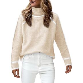 Saodimallsu Womens Mock Neck Pullover Sweater Color Block 2024 Fall Trendy Casual Knit Loose Long Sleeve Sweaters