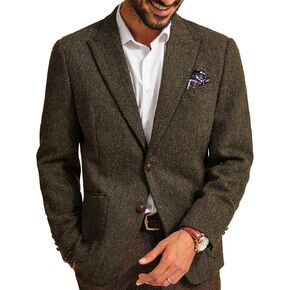PJ PAUL JONES Mens Blazer Vintage Herringbone Tweed Blazer Two Button Wool Blend Sport Coat with Pocket Square