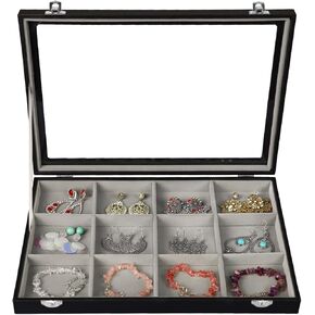 Stratalife Jewelry Holder Organizer Jewelry Drawer Organizer Earring Holder Jewelry Organizer Tray Earring Organizer for Women Girls Anti Tarnish Jewelry Box 30 Grid (Blue Black)