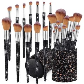 Rtteri 13 Pcs Rhinestone Makeup Brushes Set Bling Crystal Professional Face Cosmetics Blending Liquid Foundation Powder Concealer Eye Shadows Make up Beauty Tool Glitter with Holder (Black)