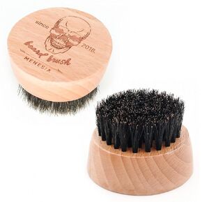 Boar Bristle Hair Beard Brush for Men, Small and Round Beard Brush, Pocket Travel Men's Wooden Mustache Brush (Skull)