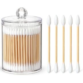 700 Count Cotton Swabs with 1 Clear Dispenser Holder - Double Pointed Tips & Thick Cotton & Sturdy Bamboo Stick - Eco-Friendly, Biodegradable Natural Cotton Buds for Makeup, Hygiene, Beauty Care