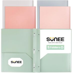 SUNEE Pocket Folders with Prongs(5 Pack, Assorted Colors) Recycled Plastic Folders with Pockets and Prongs Fit Letter Size, Poly Folders with Pockets for School Office Home