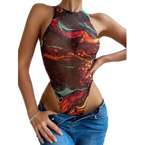 popiv Women Rave Outfit Sexy Mesh Teddy Lingerie Bodysuit Tie Dye Mock Neck Sleeveless Body Suit Tops