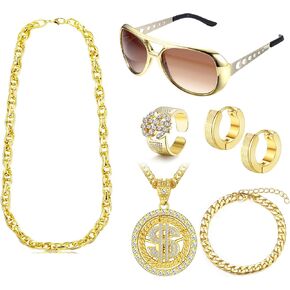 Jstyle 80s 90s Hip Hop Costumes Accessories Outfit Fake Gold Chain Twist Leg Punk Sunglasses Dollar Sign Finger Ring Gold Chain Bracelet Hoop Earrings Hip Hop Jewelry for Rapper Men Women