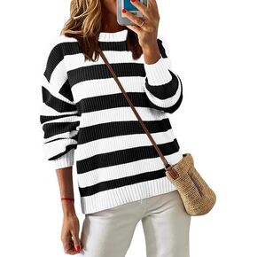 SHEWIN Womens Sweaters 2024 Casual Long Sleeve Crewneck Color Block Striped Knit Lightweight Pullover Sweater Tops