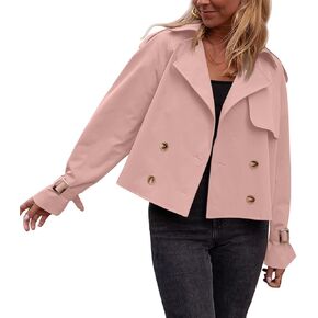 Tankaneo Womens Cropped Trench Coat Double Breasted Lapel Long Sleeve Short Jacket Fashion Outerwear