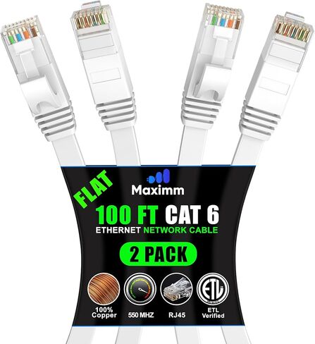 كابل إيثرنت Cat 6 بطول 100 قدم - مع تصميم مسطح وموفر للمساحة وكابل توصيل إنترنت وشبكة LAN عالي السرعة، وموصلات RJ45 - بطول 100 قدم / أسود / عبوتين - مثالي للألعاب والبث والمزيد in Kuwait