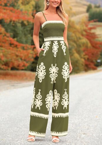 PRETTYGARDEN Women's Summer Boho Jumpsuits One Piece Beach Vacation Outfits Spaghetti Strap Wide Leg Pants Rompers in Saudi Arabia