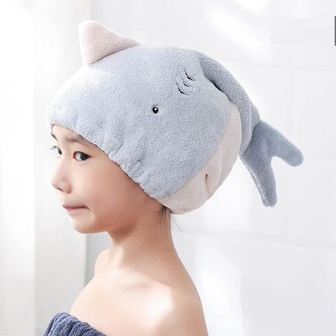 Hair Drying Towel for Kids Girls, Cute Cartoon Absorbent Quick Drying Bath Wrap Set for Bathing, Spa, Swimming Pool, Soft Microfiber Cap for Curly Long & Wet Hair, Blue in Kuwait