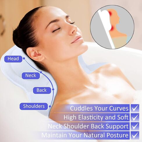 Bath Pillow Luxury Bathtub Pillow, Besititli Ergonomic Bath Pillows for Tub Neck and Back Support, Bath Tub Pillow Rest 4D Air Mesh Breathable Bath Accessories for Women & Men in Saudi Arabia