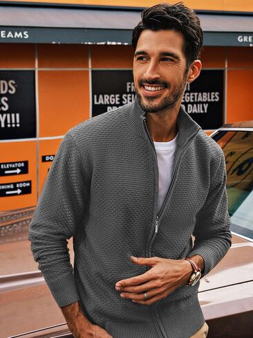 PJ PAUL JONES Men's Full Zip Cardigan Sweaters Casual Stand Collar Cardigan Slim Fit Knitted Sweater in Saudi Arabia