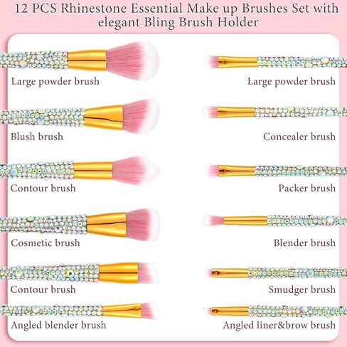 Rtteri 13 Pcs Rhinestone Makeup Brushes Set Bling Crystal Professional Face Cosmetics Blending Liquid Foundation Powder Concealer Eye Shadows Make up Beauty Tool Glitter with Holder (Black) in Saudi Arabia