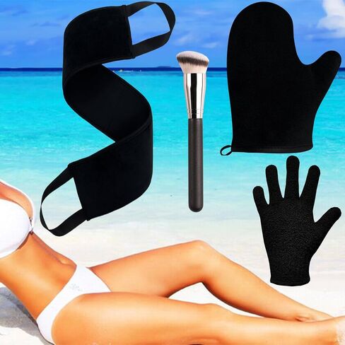 Self Tanning Mitt Applicator Kit, Includes Velvety Self Tanner Mitt, Back Tanning Applicator, Exfoliating Glove, Angled Self Tanner Brush for Sunless Tan Lotion Mousse Gel (Black, 4 Pack) in Saudi Arabia