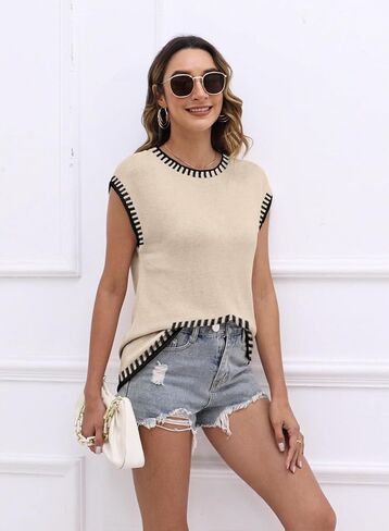 Womens Cap Sleeve Sweater Vest Summer Tops Sleeveless Tank Tops 2024 Trendy Spring Clothes Striped Short Sleeve Shirts in Kuwait