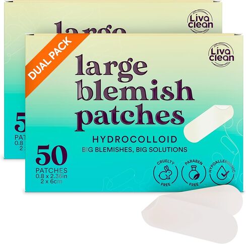 رقعة LivaClean 50 قيراط كبيرة لحب الشباب الغرواني المائي - لبقع المسام والأنف والوجه والبثور الكيسي ZIT - رقع بثرة كبيرة وضمادات غروانية مائية وشرائط وملصقات بثرة ورقعة حب الشباب الكبيرة مقاس XL in Kuwait