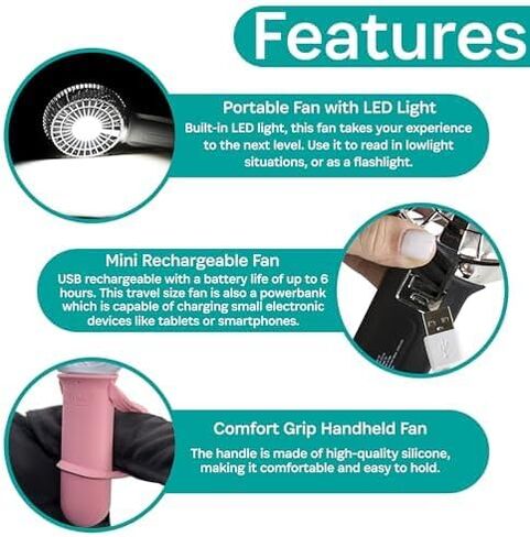 Buggygear 3 Speed USB Rechargeable Fan - Portable Clip Fan with Power Bank and LED Flashlight, Travel Must Haves for Camping, Dorms, and More, White/Rose Gold in Saudi Arabia