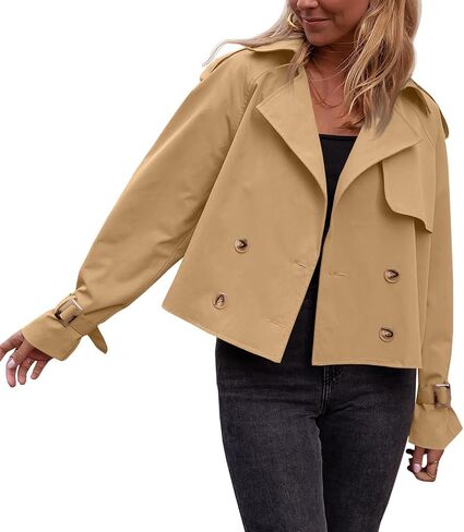 Tankaneo Womens Cropped Trench Coat Double Breasted Lapel Long Sleeve Short Jacket Fashion Outerwear in Saudi Arabia