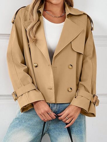 Tankaneo Womens Cropped Trench Coat Double Breasted Lapel Long Sleeve Short Jacket Fashion Outerwear in Saudi Arabia