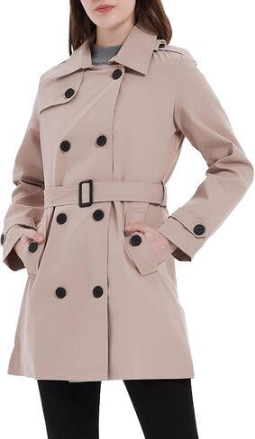 Women's Double Breasted Trench Coat Classic Lapel Belted Windproof Jacket with Detachable Hood in Saudi Arabia