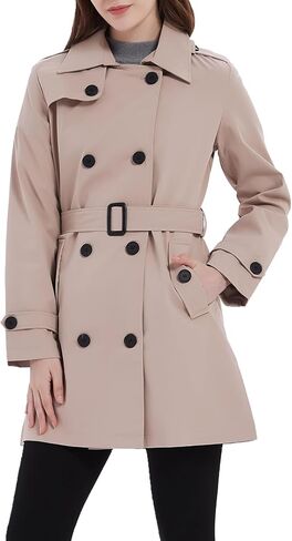 Women's Double Breasted Trench Coat Classic Lapel Belted Windproof Jacket with Detachable Hood in Saudi Arabia