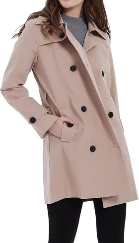 Women's Double Breasted Trench Coat Classic Lapel Belted Windproof Jacket with Detachable Hood in Saudi Arabia