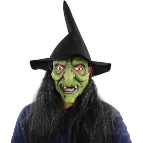Scary Old Women Witch Mask with Hair Hat Halloween Costume Horror Witch Evil Ghost Mask Carnival Party Props