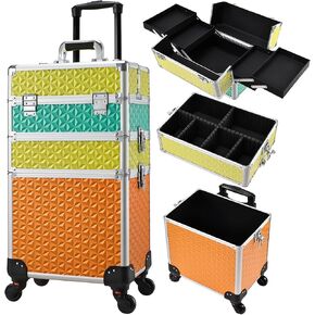 FRENESSA 3 in 1 Rolling Makeup Train Case Professional Cosmetic Trolley Large Storage with Keys Swivel Wheels Salon Barber Case Traveling Cart Trunk for Make Up Hairstylists Nail Tech, Vintage Black