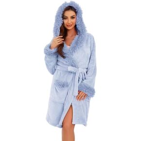 Women Hooded Plush Short Robe Soft Warm Fleece Bathrobe Fluffy Cute Spa Robe