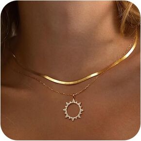 Layered Necklaces for Women,14K Gold/Silver Necklace Set Simple Layered Necklaces Herringbone Twisted Lip Chain Dainty Pendant Necklace Jewelry