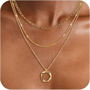 Layered Necklaces for Women, 14k Gold Plated/Sterling Silver Stackable Choker Necklaces for Women Trendy Layering Stacked Circle Pendant Chain Necklace Set Jewelry for Women