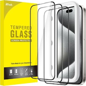 JETech Full Coverage Screen Protector for iPhone 15 Pro Max 6.7-Inch, Black Edge Tempered Glass Film with Easy Installation Tool, Case-Friendly, HD Clear, 3-Pack