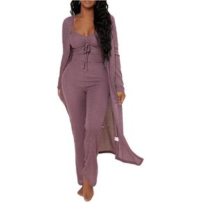 MakeMeChic Women's Lounge Pajama Set 3 Piece Open Front Cardigan Tank Tops Wide Legs Pants Loungewear Nightwear