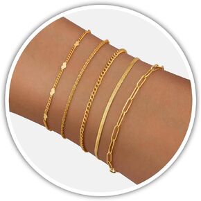 shownee Gold Bracelets for Women - Danity 14K Gold Plated Beaded Cuban Link Chain Stackable Adjustable Bracelet Set Jewelry Gifts for Teen Girls